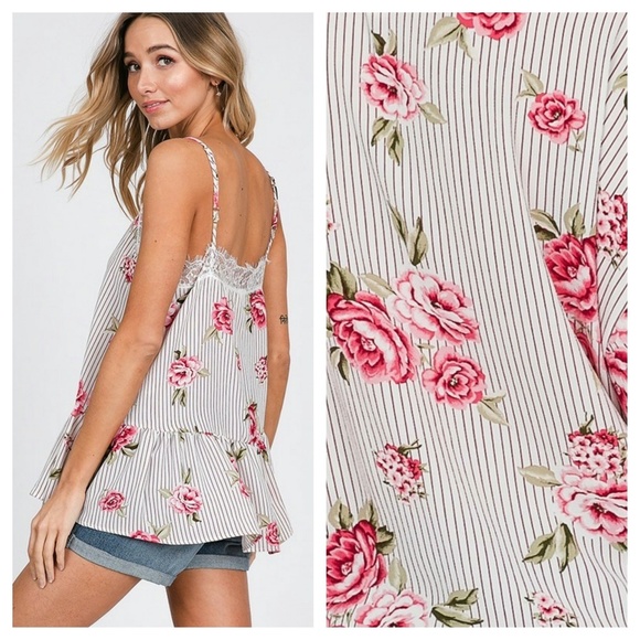 Floral Striped Lace Drop Waist Tank - Picture 4 of 4